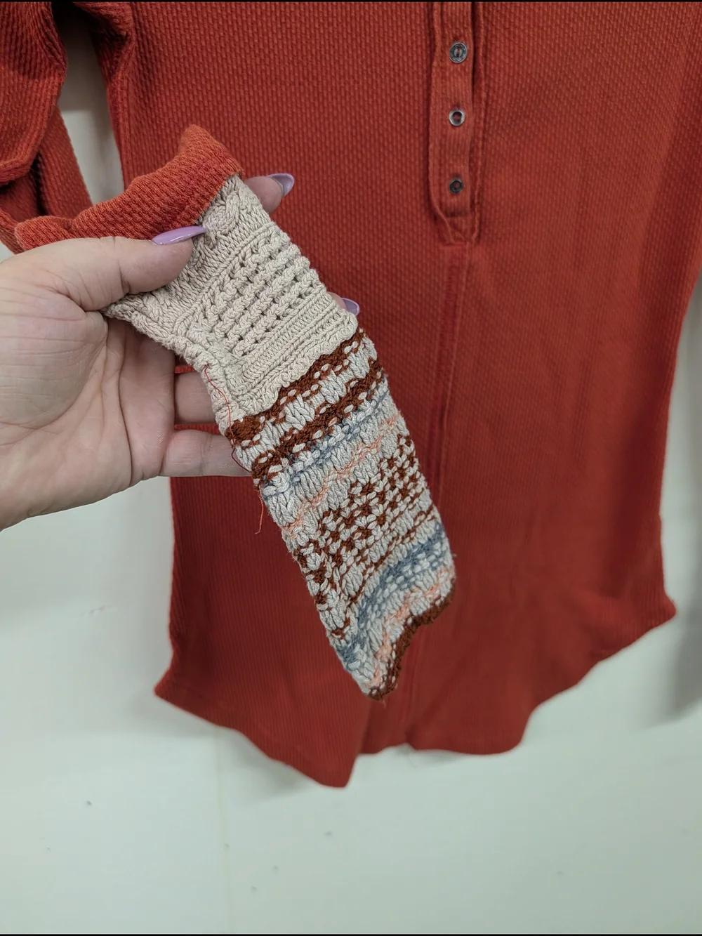 Free People Rust Henley Waffle Knit Long-Sleeve Top‎ with Patterned Cuffs